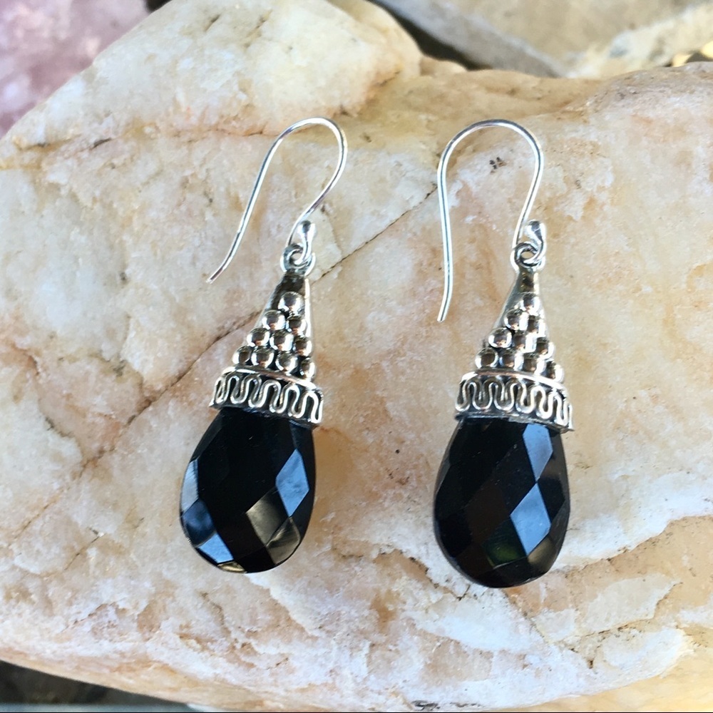 Faceted black onyx 925 sterling boho filigree briolette earrings NWT